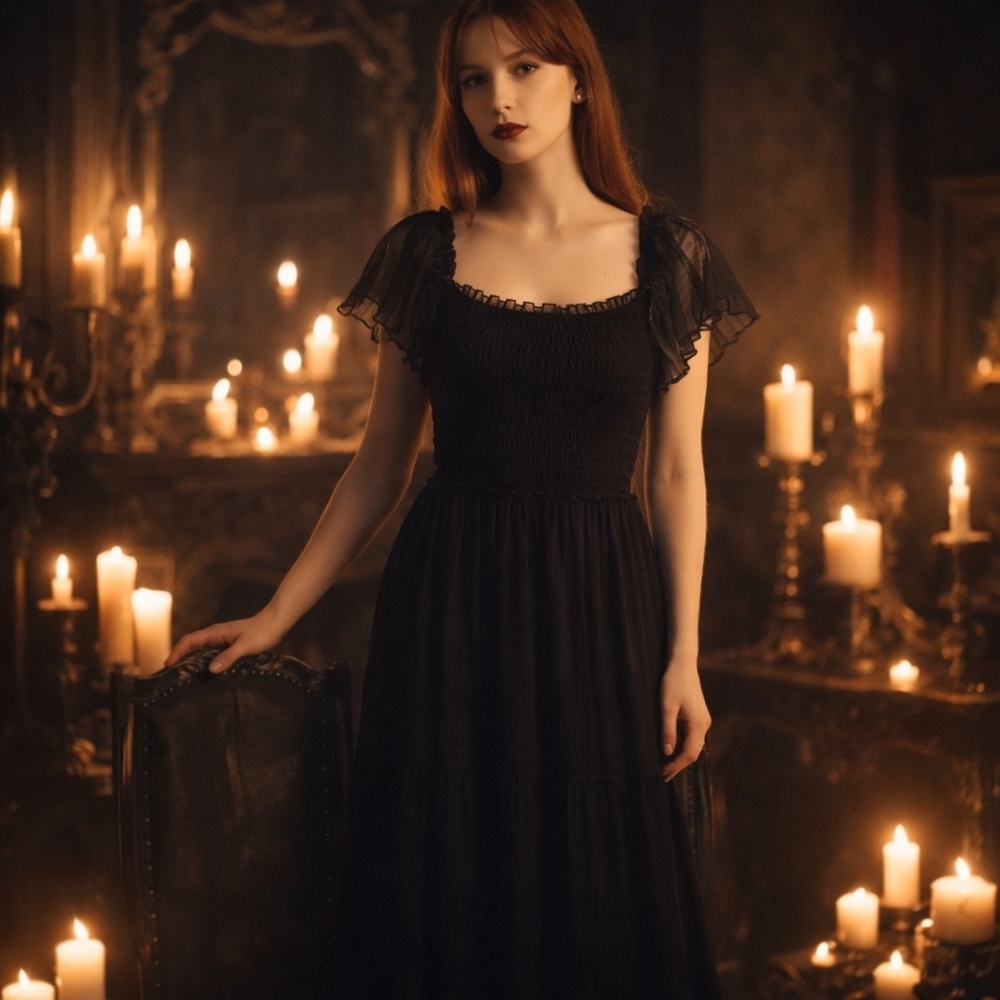 Black Smocked Midi Dress Flutter Sleeve Romantic Whimsigoth Max Studio NWT - Picture 3 of 16